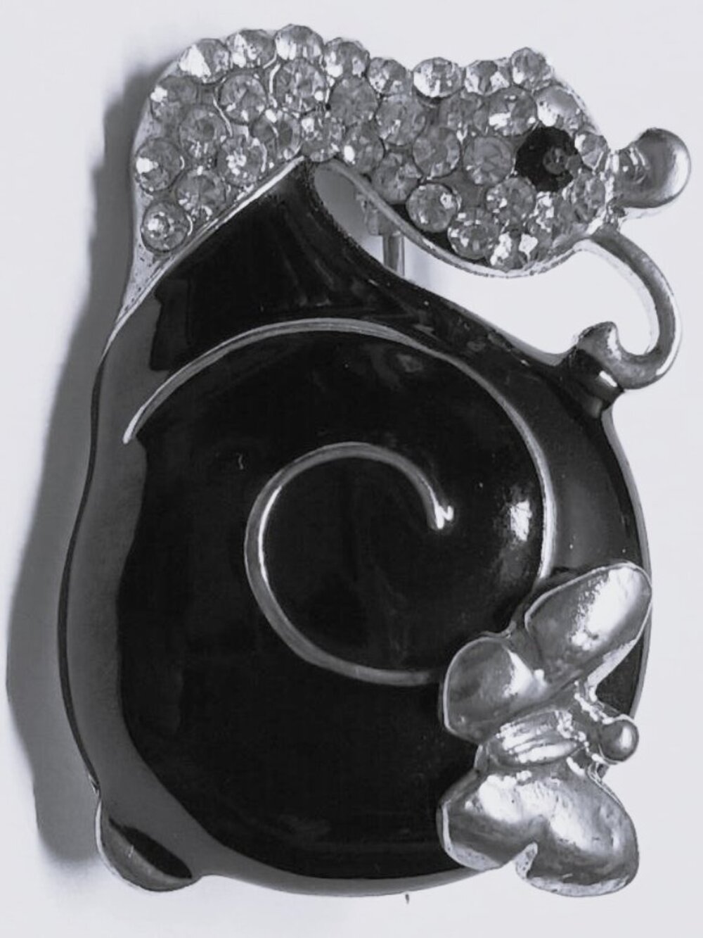 Vintage Silver Tone Rhinestone and Black Enamel Snail Brooch circa 1980's